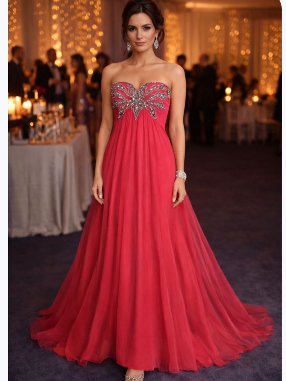 Strapless Rhinestone Bodice Evening Gown in Coral Pink